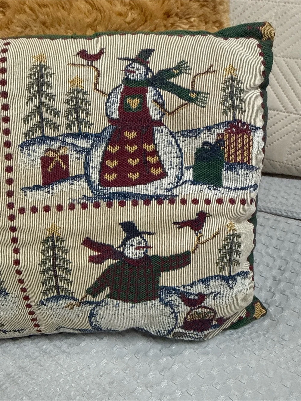 Festive Snowman Tapestry Accent Pillow - Green and Cream